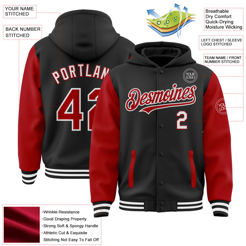 Custom Black Red-White Bomber Full-Snap Varsity Letterman Two Tone Hoodie Jacket view 3