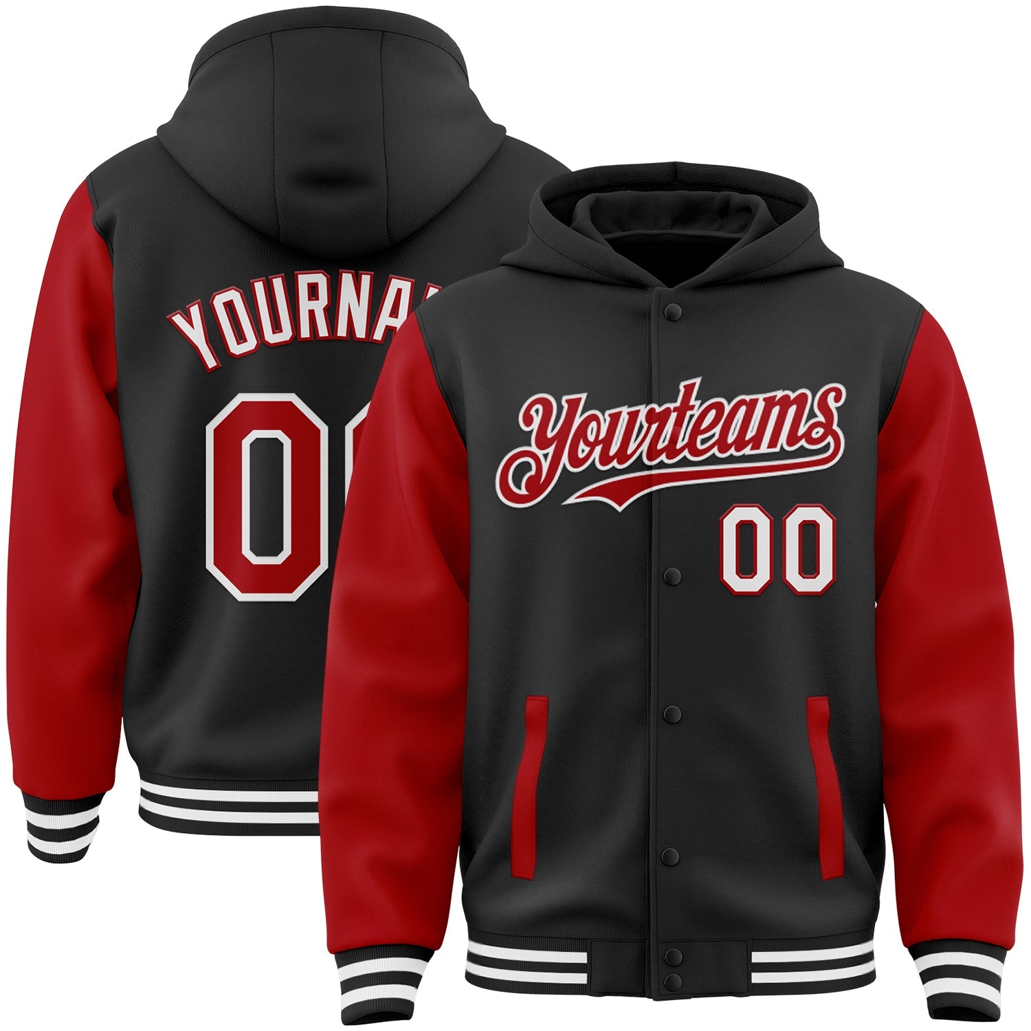 Custom Black Red-White Bomber Full-Snap Varsity Letterman Two Tone Hoodie Jacket - Main View