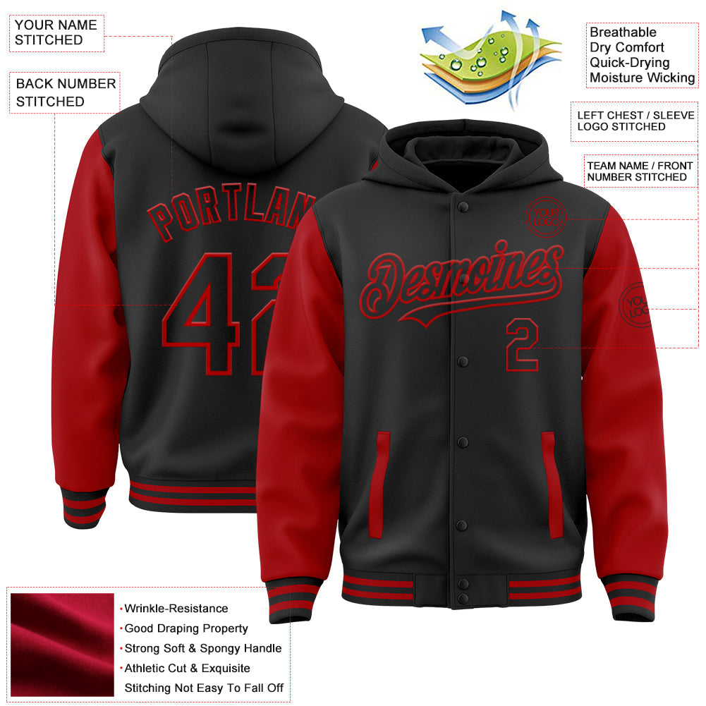 Custom Black Red Bomber Full-Snap Varsity Letterman Two Tone Hoodie Jacket view 3