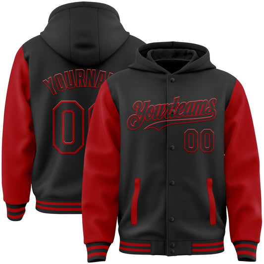 Custom Black Red Bomber Full-Snap Varsity Letterman Two Tone Hoodie Jacket - Main View