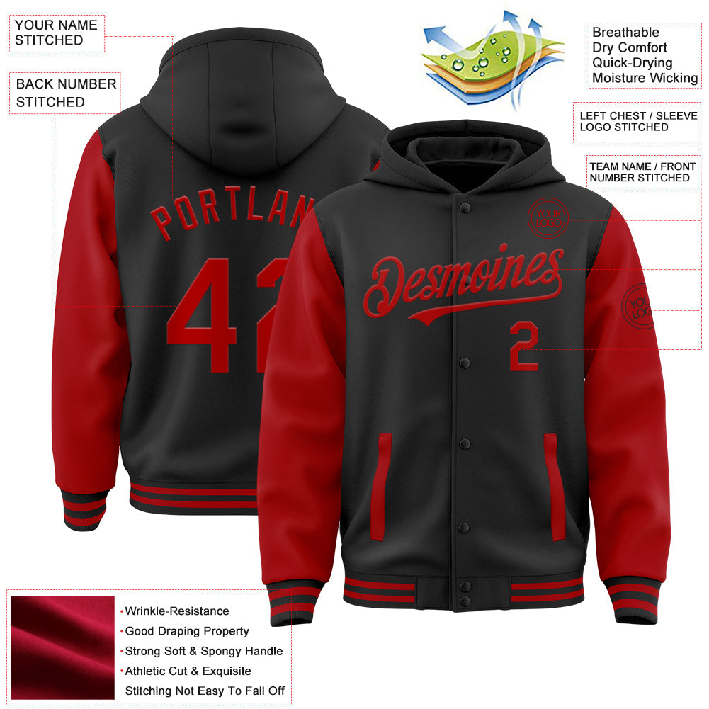 Custom Black Red Bomber Full-Snap Varsity Letterman Two Tone Hoodie Jacket view 3
