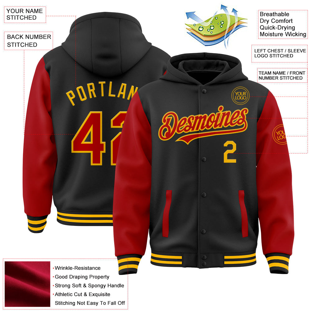 Custom Black Red-Gold Bomber Full-Snap Varsity Letterman Two Tone Hoodie Jacket view 3
