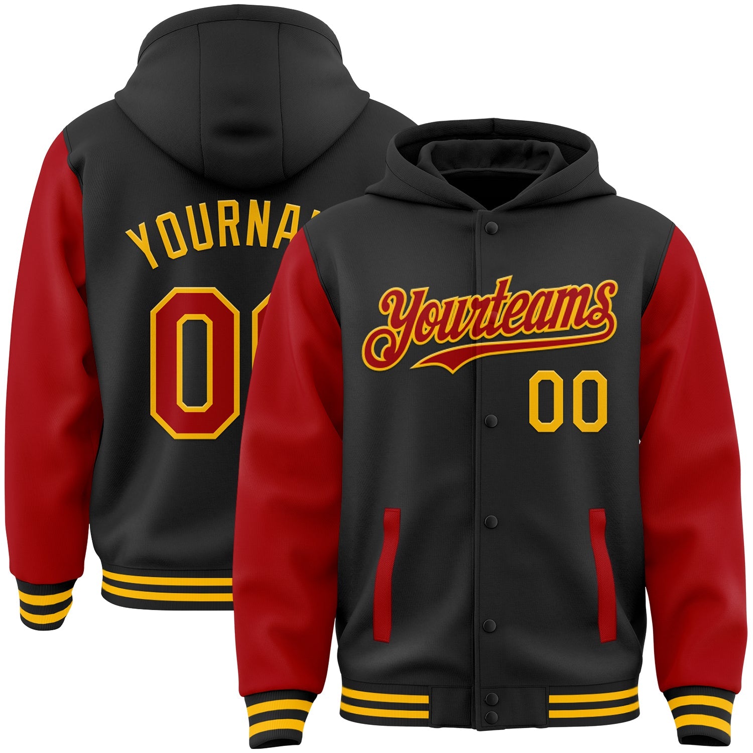 Custom Black Red-Gold Bomber Full-Snap Varsity Letterman Two Tone Hoodie Jacket - Main View