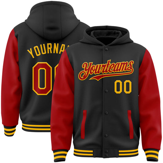 Custom Black Red-Gold Bomber Full-Snap Varsity Letterman Two Tone Hoodie Jacket - Main View