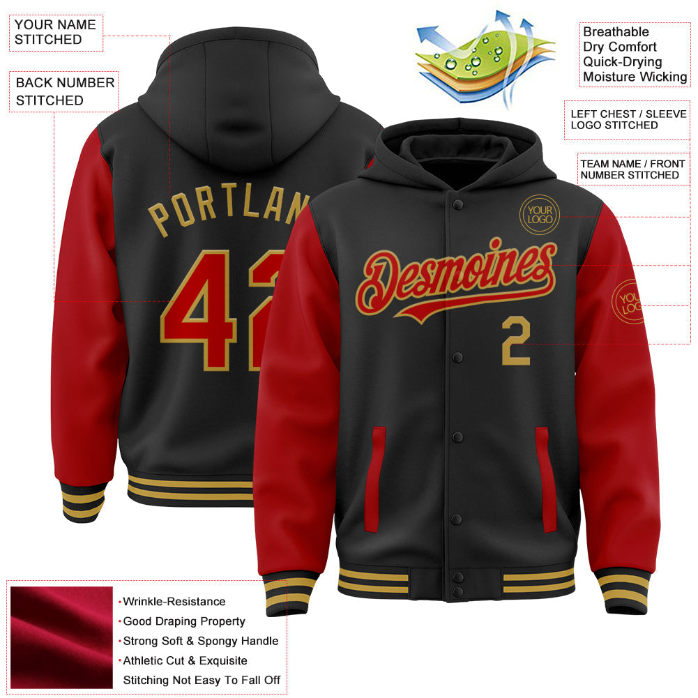Custom Black Red-Old Gold Bomber Full-Snap Varsity Letterman Two Tone Hoodie Jacket view 3