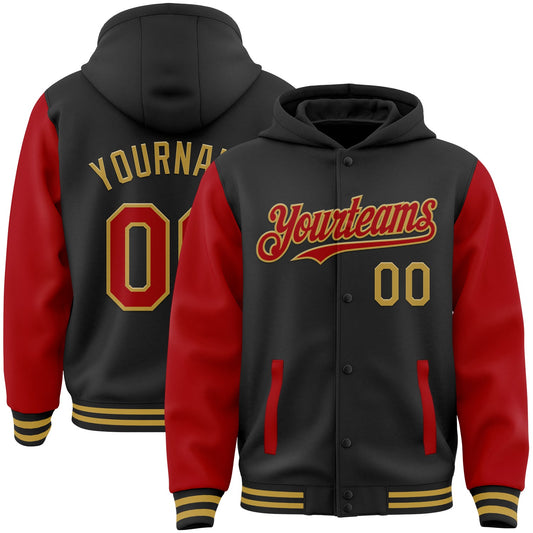 Custom Black Red-Old Gold Bomber Full-Snap Varsity Letterman Two Tone Hoodie Jacket - Main View