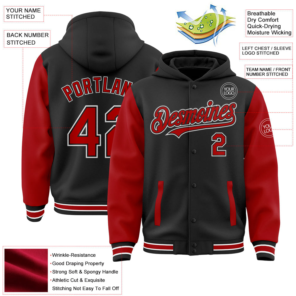 Custom Black Red-White Bomber Full-Snap Varsity Letterman Two Tone Hoodie Jacket view 3