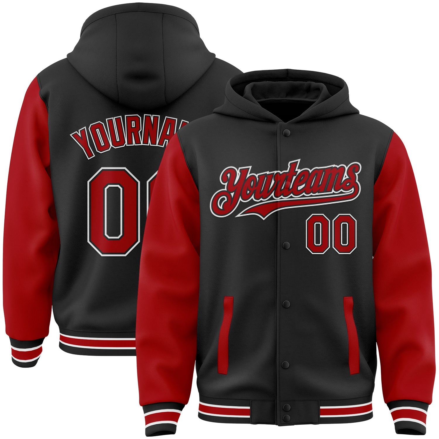 Custom Black Red-White Bomber Full-Snap Varsity Letterman Two Tone Hoodie Jacket - Main View