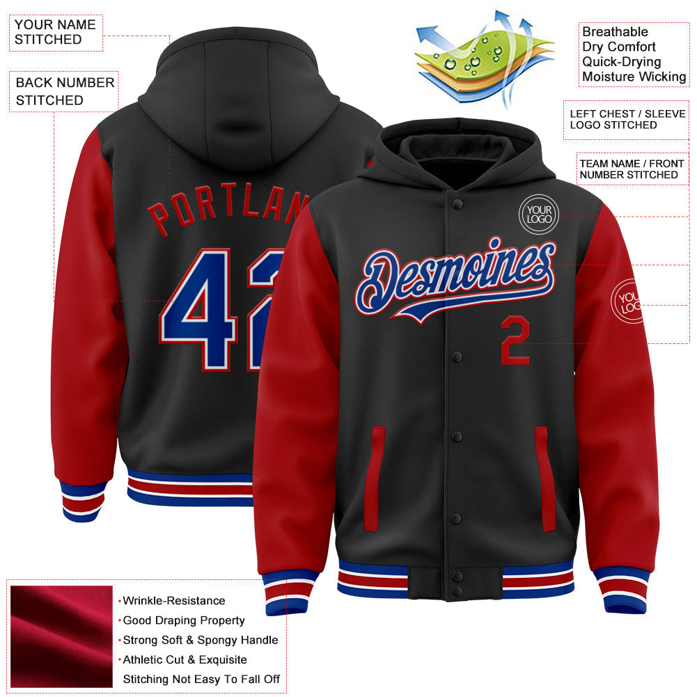 Custom Black Royal-Red Bomber Full-Snap Varsity Letterman Two Tone Hoodie Jacket view 3