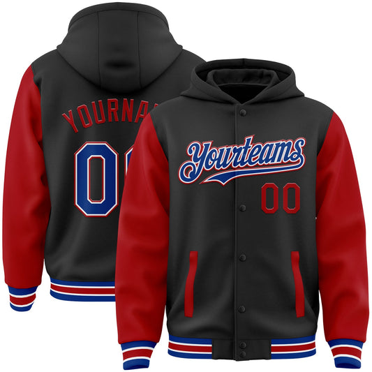 Custom Black Royal-Red Bomber Full-Snap Varsity Letterman Two Tone Hoodie Jacket - Main View
