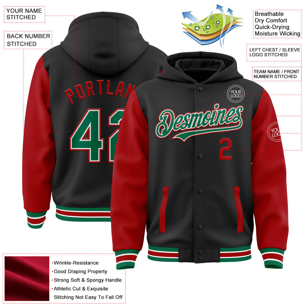 Custom Black Kelly Green-Red Bomber Full-Snap Varsity Letterman Two Tone Hoodie Jacket view 3