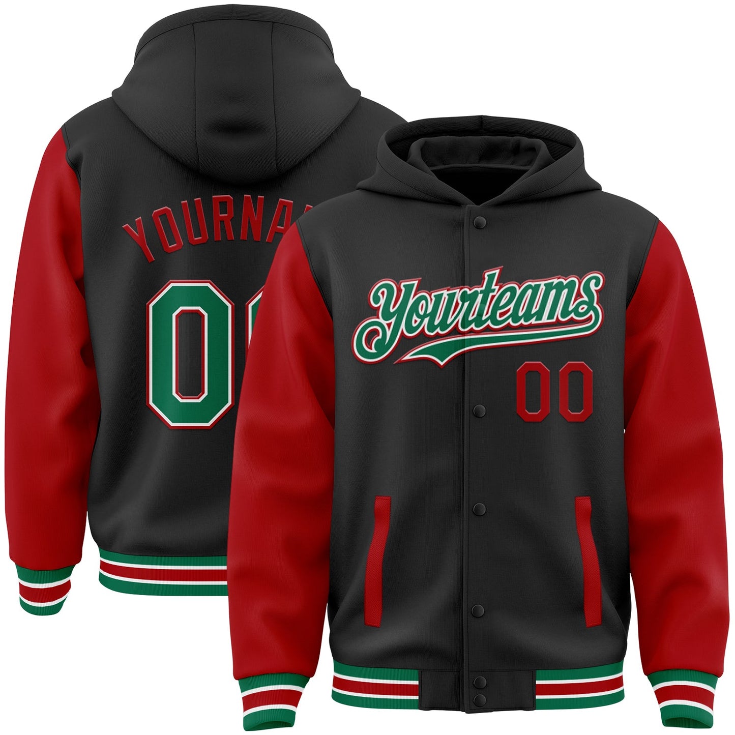 Custom Black Kelly Green-Red Bomber Full-Snap Varsity Letterman Two Tone Hoodie Jacket - Main View