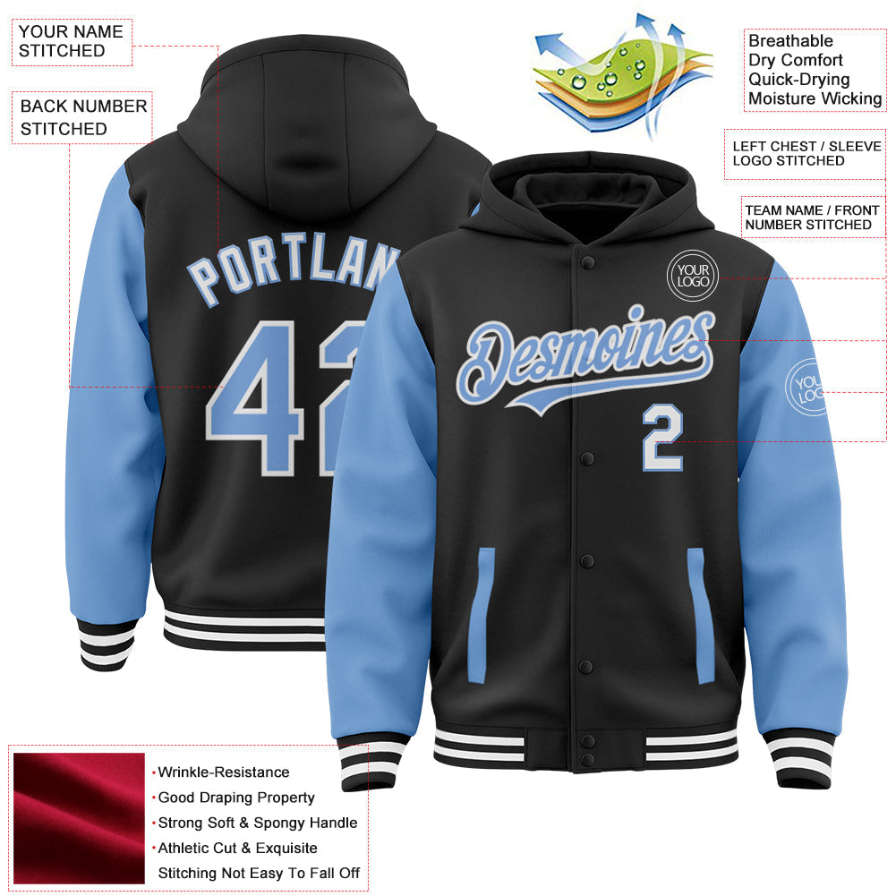 Custom Black Light Blue-White Bomber Full-Snap Varsity Letterman Two Tone Hoodie Jacket view 3