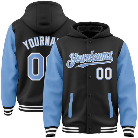 Custom Black Light Blue-White Bomber Full-Snap Varsity Letterman Two Tone Hoodie Jacket - Main View