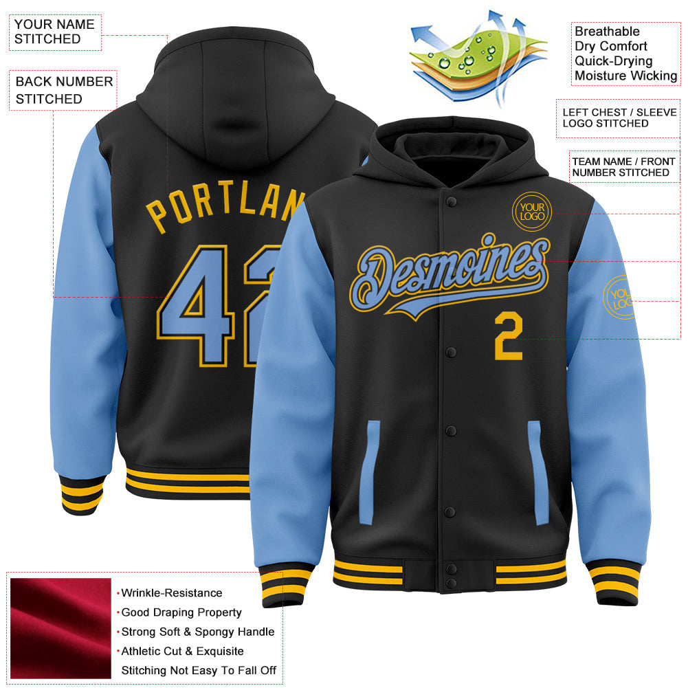 Custom Black Light Blue-Gold Bomber Full-Snap Varsity Letterman Two Tone Hoodie Jacket view 3