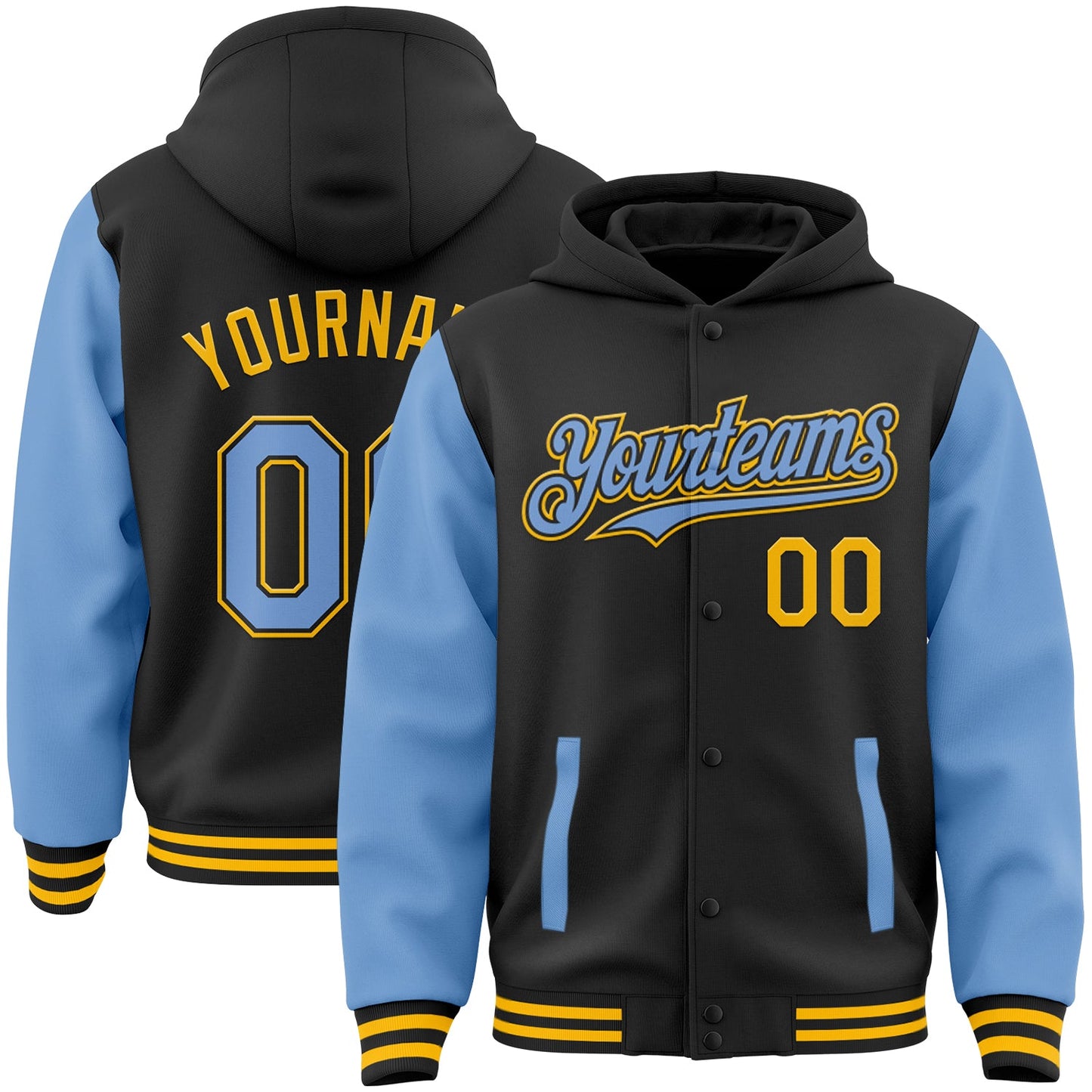 Custom Black Light Blue-Gold Bomber Full-Snap Varsity Letterman Two Tone Hoodie Jacket - Main View