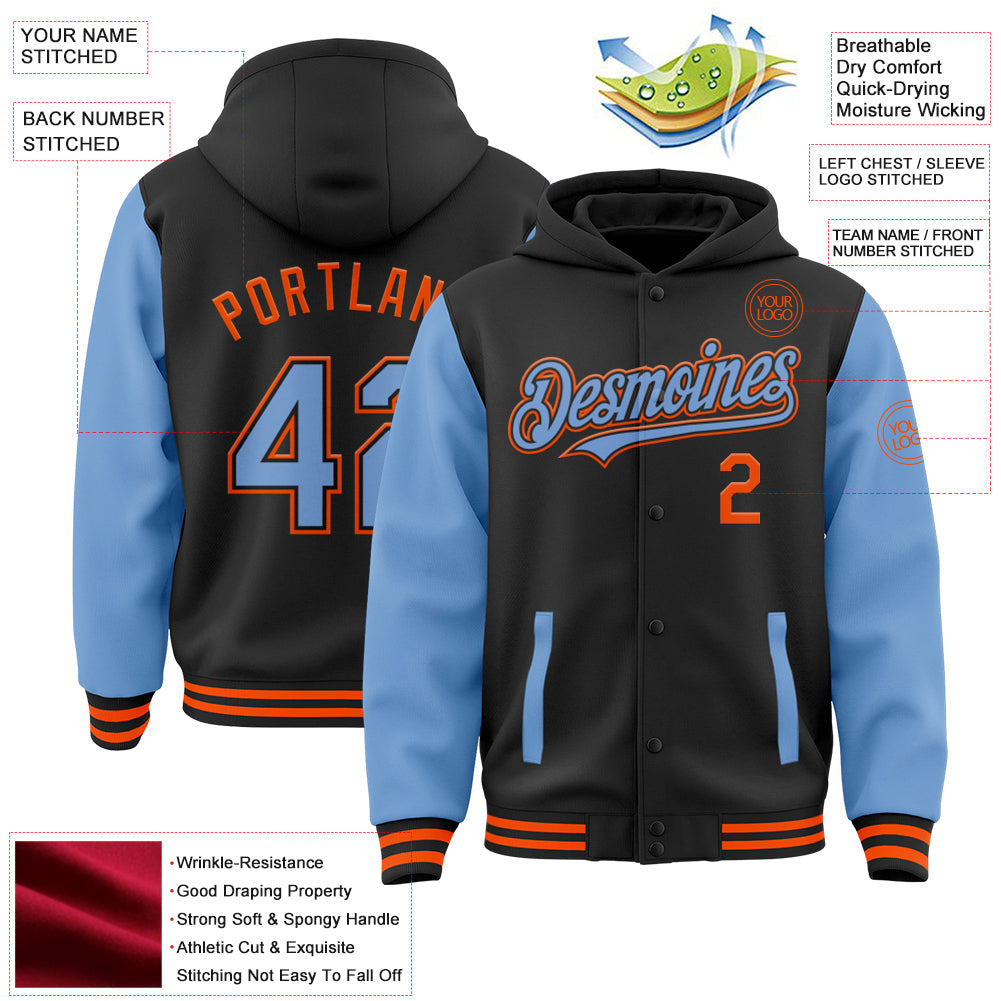 Custom Black Light Blue-Orange Bomber Full-Snap Varsity Letterman Two Tone Hoodie Jacket view 3