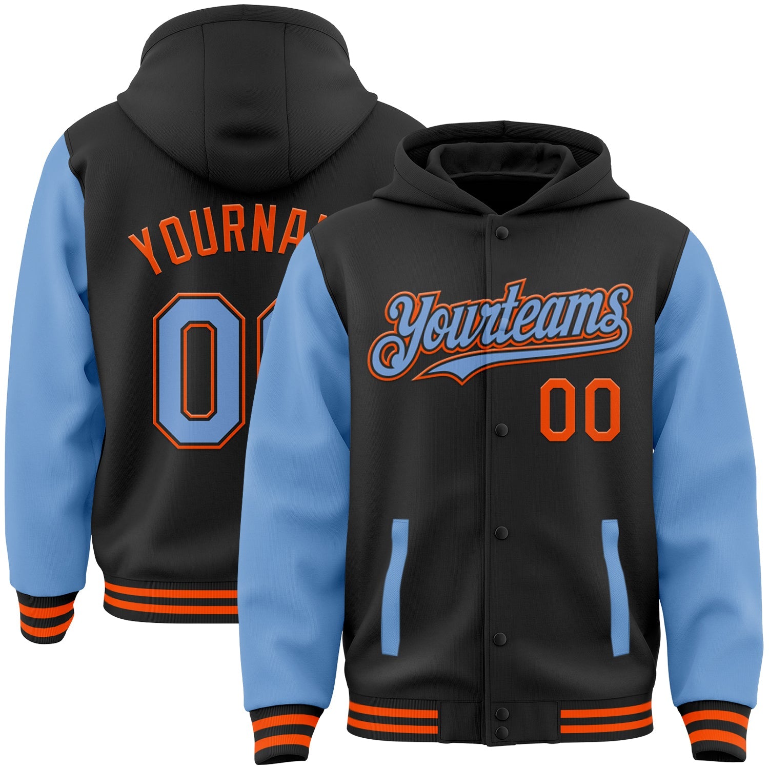 Custom Black Light Blue-Orange Bomber Full-Snap Varsity Letterman Two Tone Hoodie Jacket - Main View