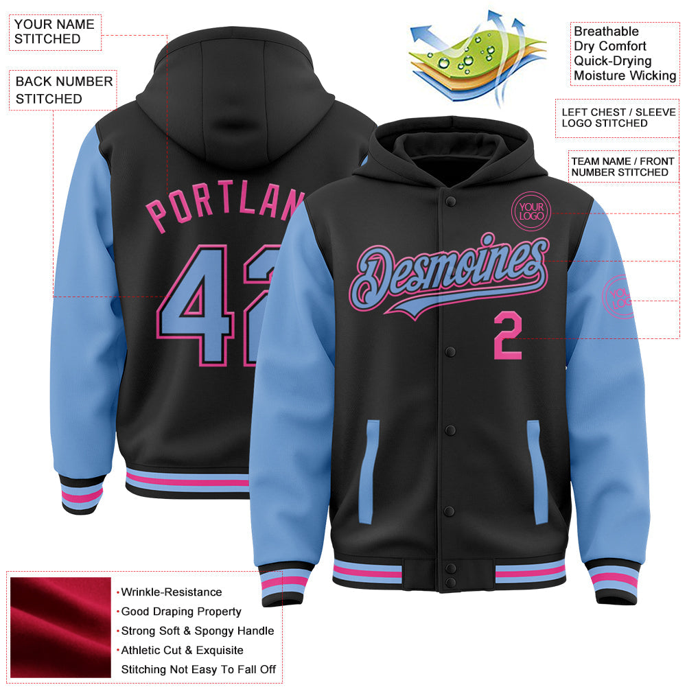Custom Black Light Blue-Pink Bomber Full-Snap Varsity Letterman Two Tone Hoodie Jacket view 3