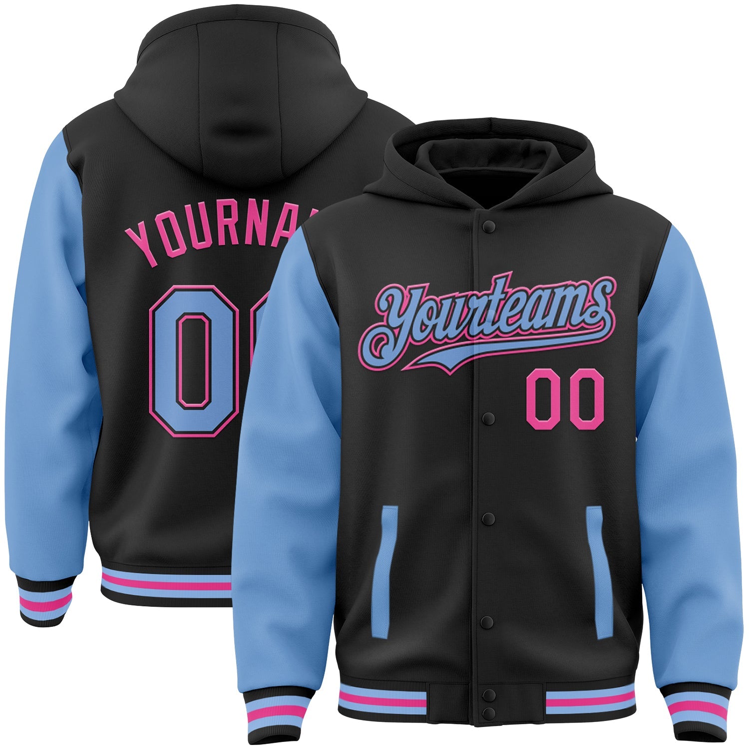 Custom Black Light Blue-Pink Bomber Full-Snap Varsity Letterman Two Tone Hoodie Jacket - Main View