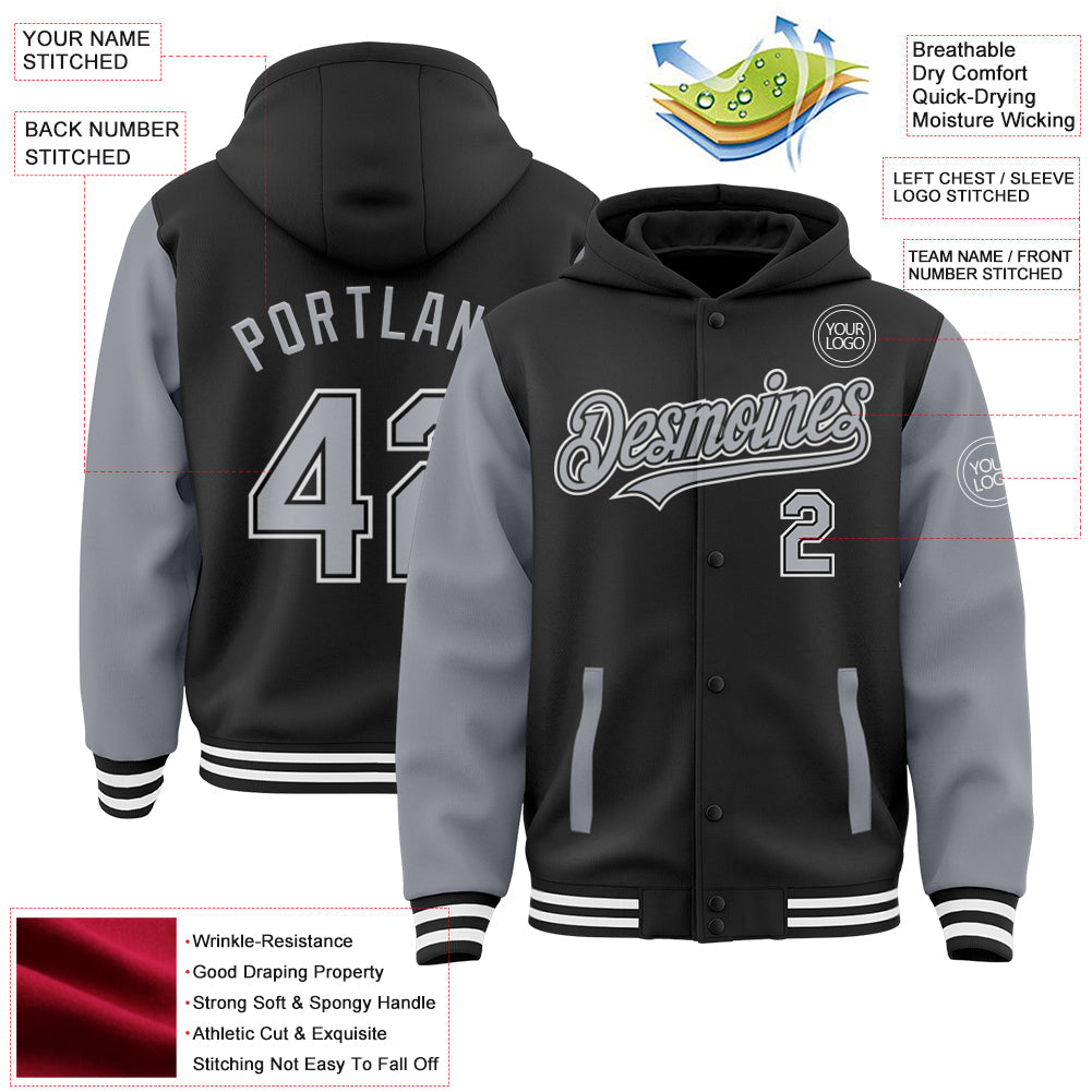 Custom Black Gray-White Bomber Full-Snap Varsity Letterman Two Tone Hoodie Jacket view 3