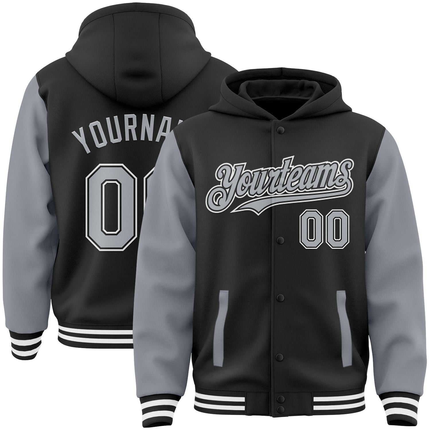 Custom Black Gray-White Bomber Full-Snap Varsity Letterman Two Tone Hoodie Jacket - Main View