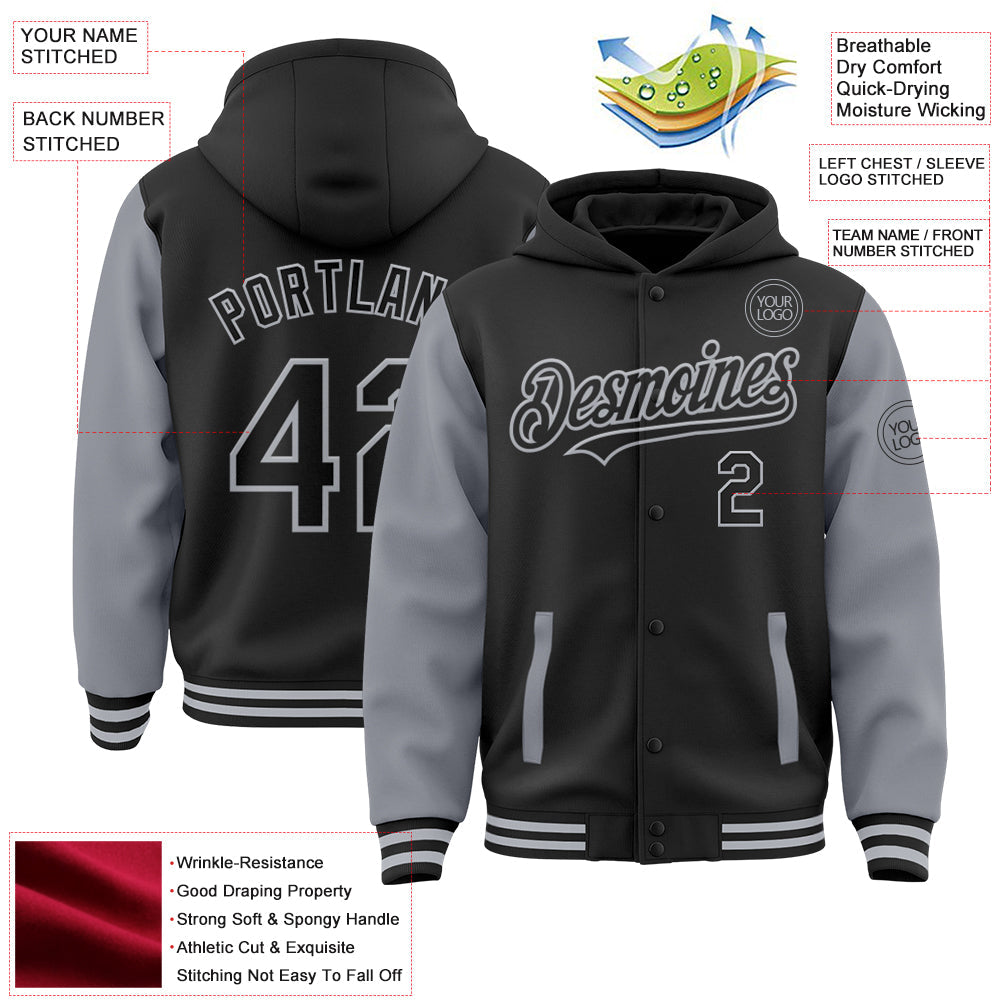 Custom Black Gray Bomber Full-Snap Varsity Letterman Two Tone Hoodie Jacket view 3