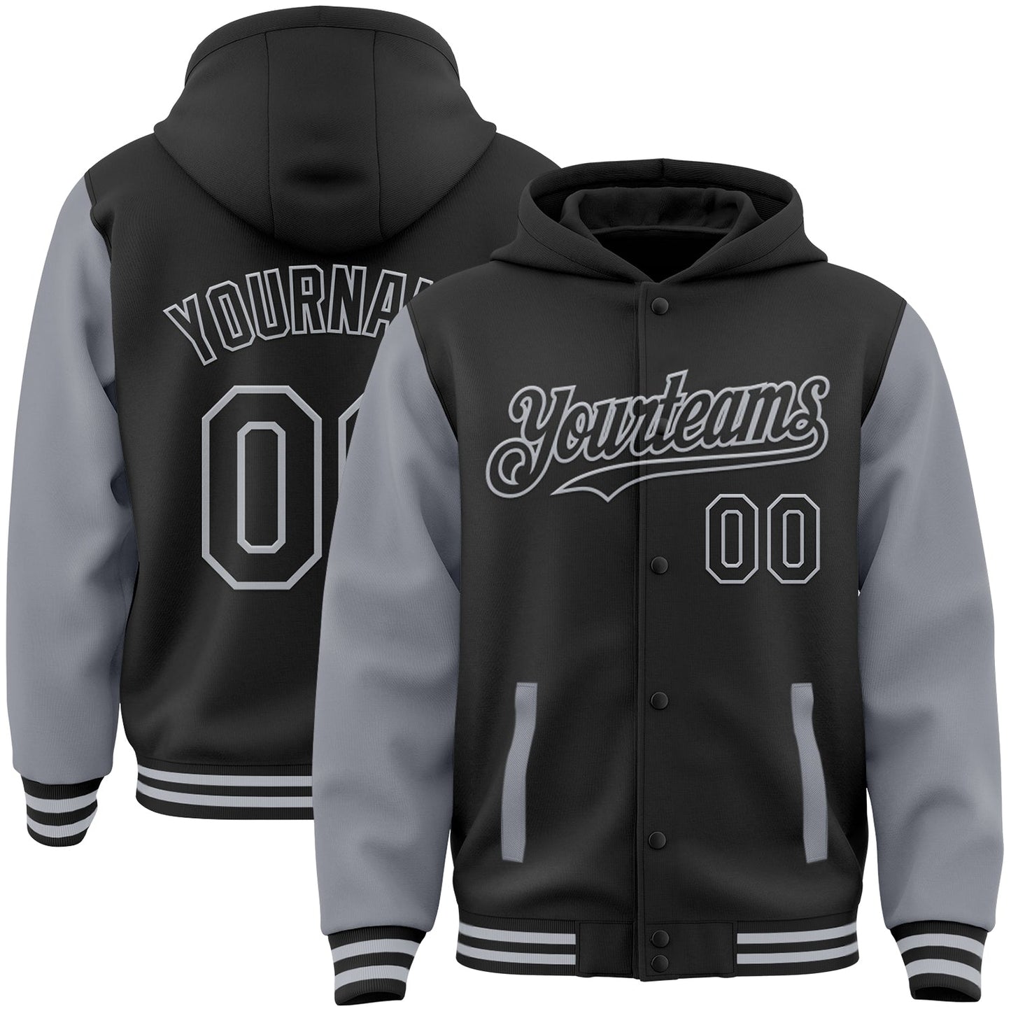 Custom Black Gray Bomber Full-Snap Varsity Letterman Two Tone Hoodie Jacket - Main View