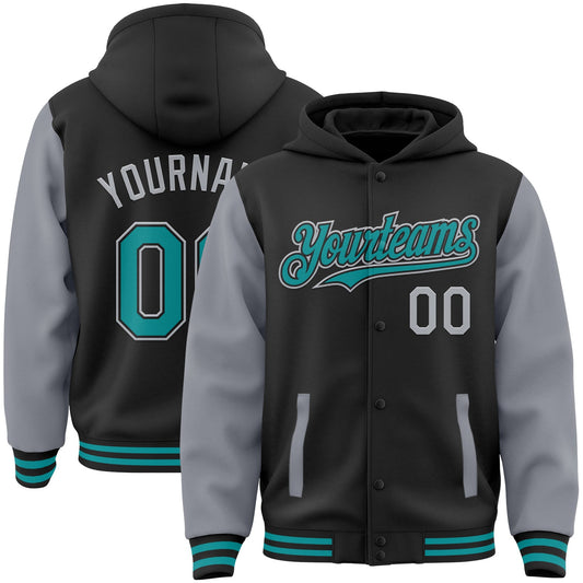 Custom Black Teal-Gray Bomber Full-Snap Varsity Letterman Two Tone Hoodie Jacket - Main View