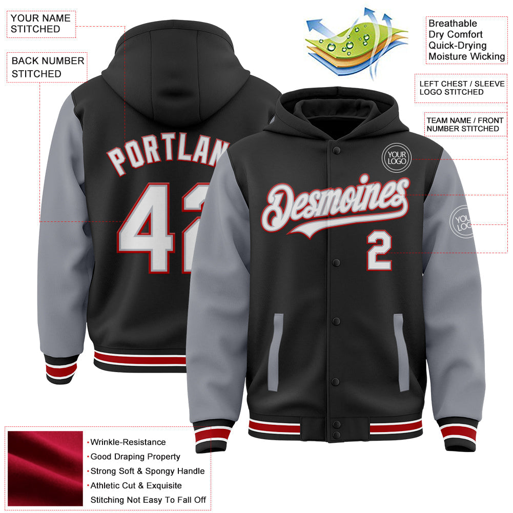 Custom Black Gray-Red Bomber Full-Snap Varsity Letterman Two Tone Hoodie Jacket view 3