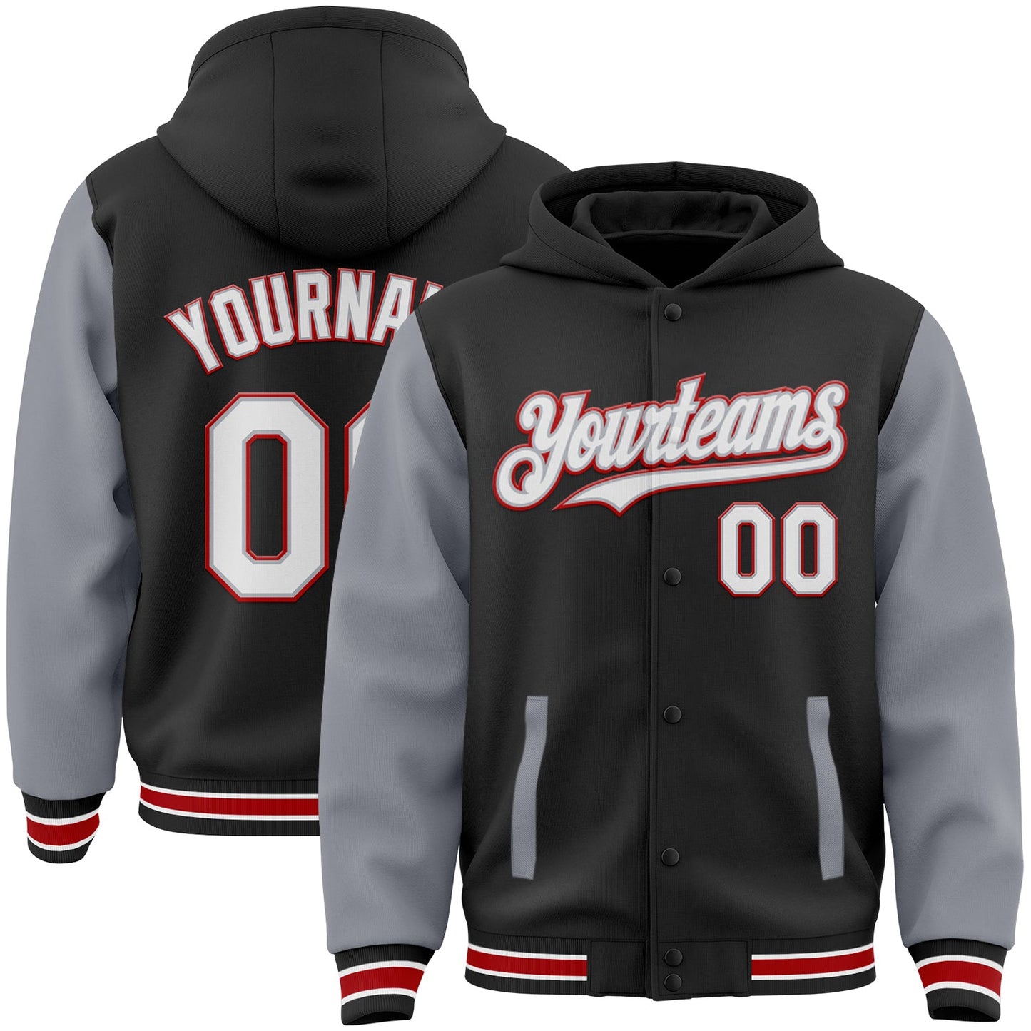 Custom Black Gray-Red Bomber Full-Snap Varsity Letterman Two Tone Hoodie Jacket - Main View