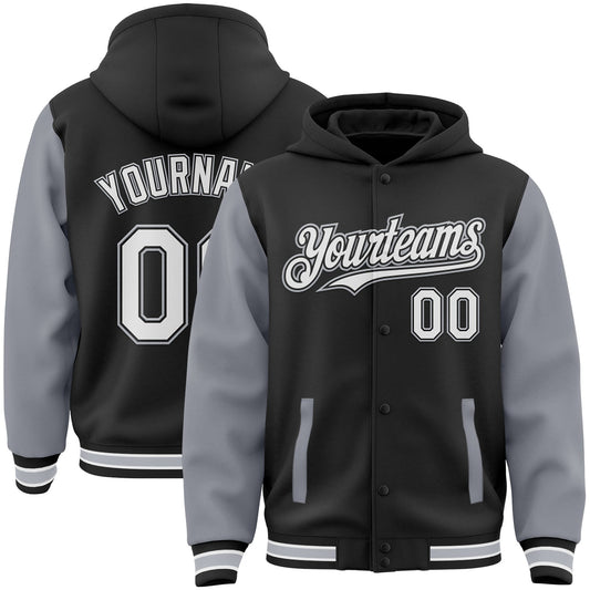 Custom Black White-Gray Bomber Full-Snap Varsity Letterman Two Tone Hoodie Jacket - Main View