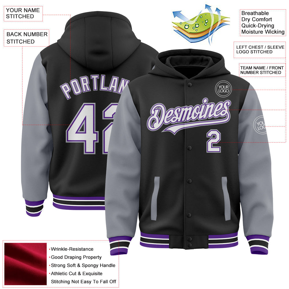 Custom Black Gray-Purple Bomber Full-Snap Varsity Letterman Two Tone Hoodie Jacket view 3