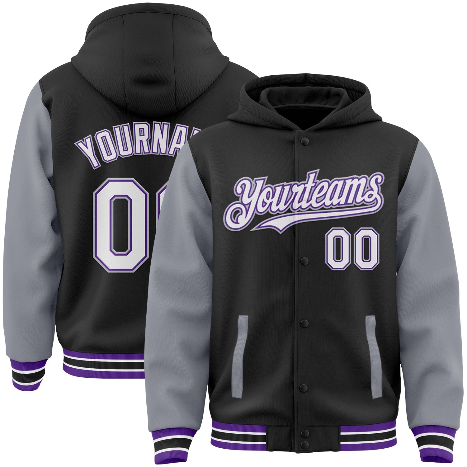 Custom Black Gray-Purple Bomber Full-Snap Varsity Letterman Two Tone Hoodie Jacket - Main View