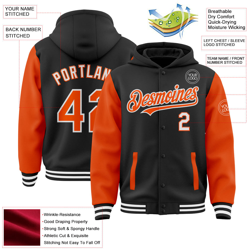 Custom Black Orange-White Bomber Full-Snap Varsity Letterman Two Tone Hoodie Jacket view 3