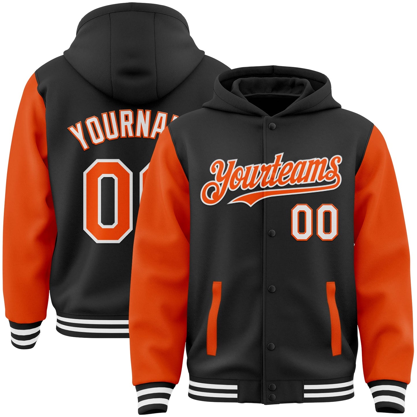Custom Black Orange-White Bomber Full-Snap Varsity Letterman Two Tone Hoodie Jacket - Main View