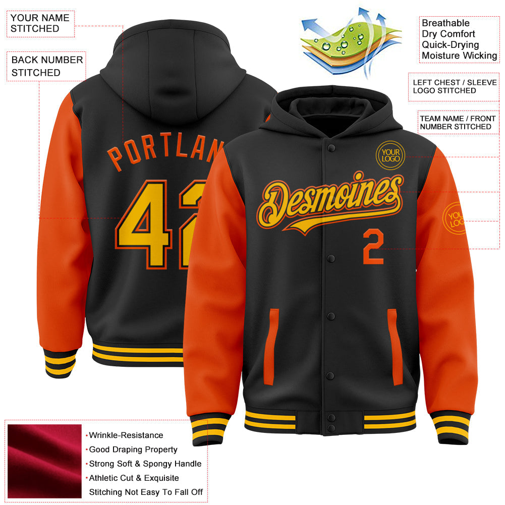 Custom Black Gold-Orange Bomber Full-Snap Varsity Letterman Two Tone Hoodie Jacket view 3