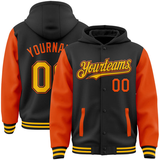 Custom Black Gold-Orange Bomber Full-Snap Varsity Letterman Two Tone Hoodie Jacket - Main View