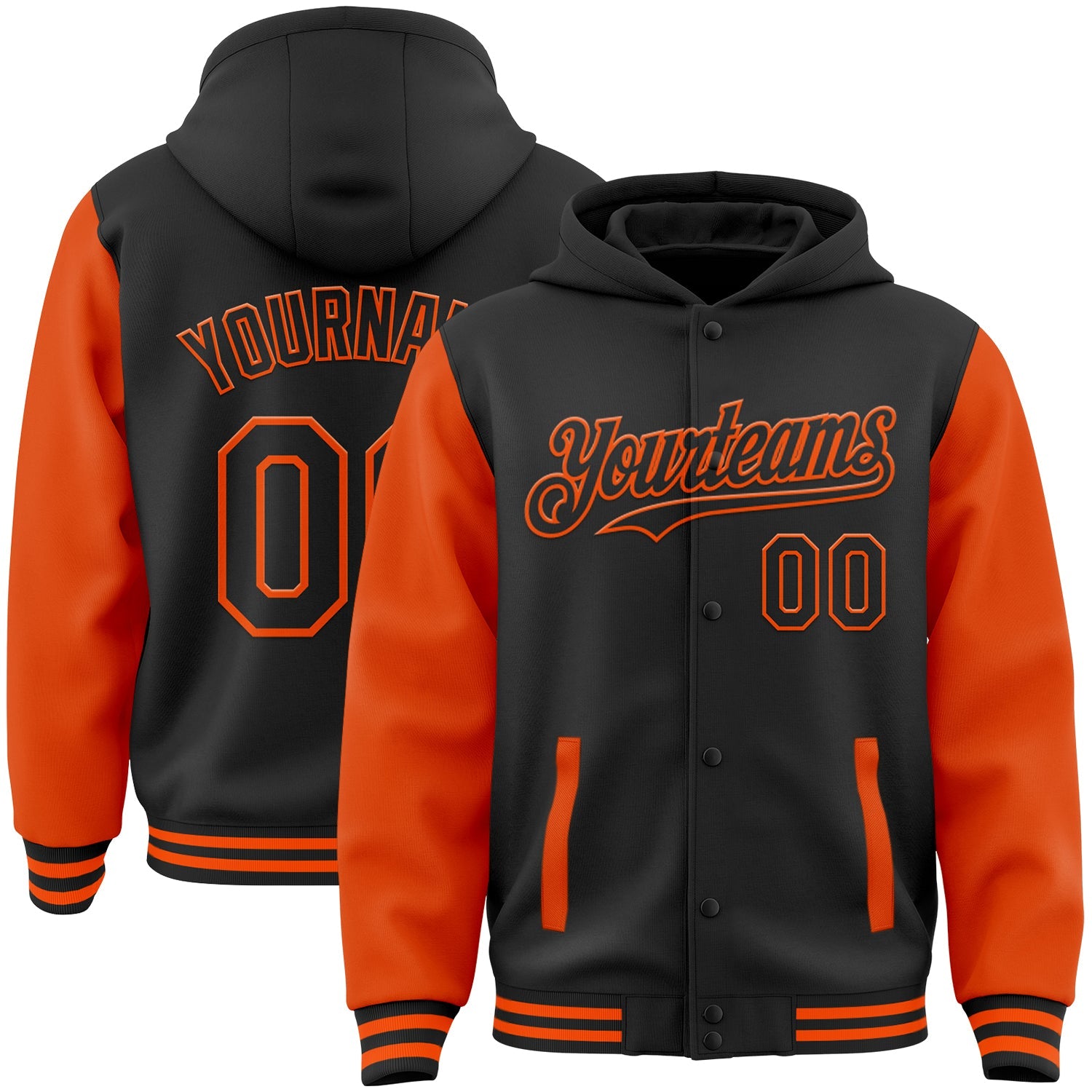 Custom Black Orange Bomber Full-Snap Varsity Letterman Two Tone Hoodie Jacket - Main View