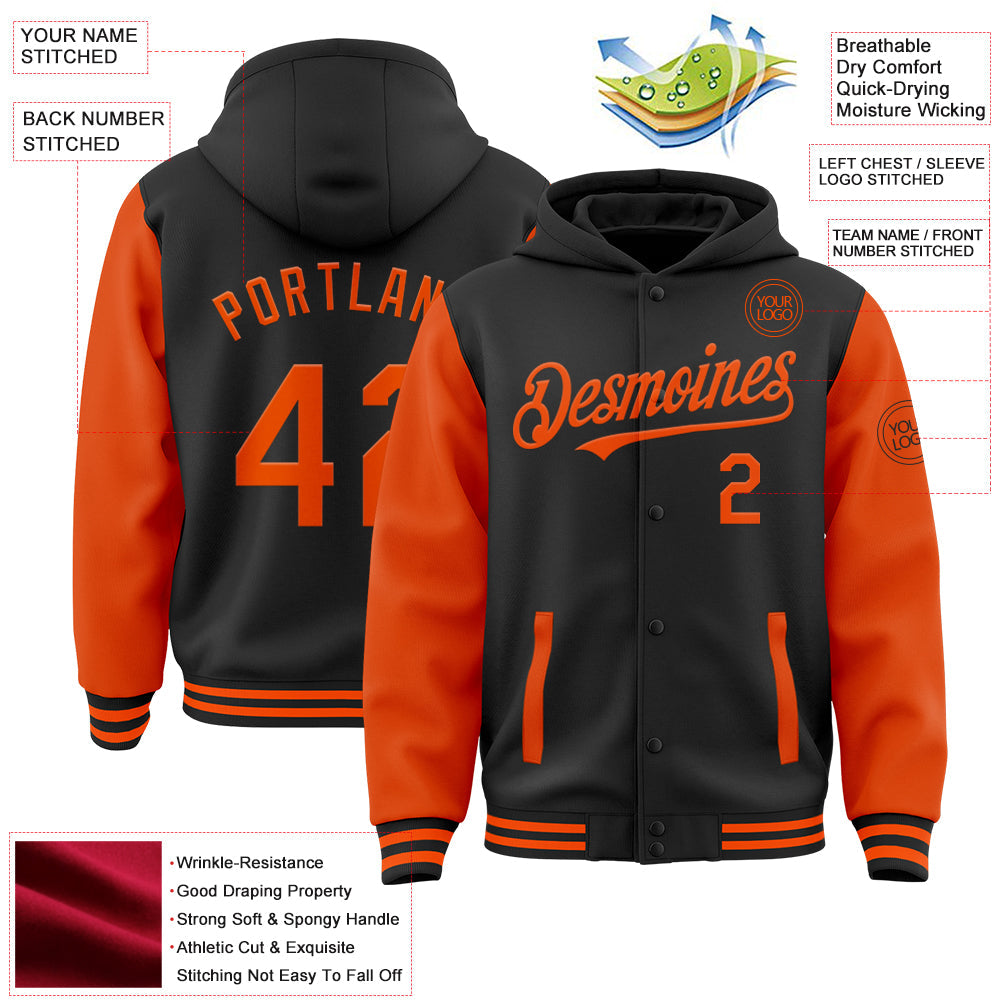 Custom Black Orange Bomber Full-Snap Varsity Letterman Two Tone Hoodie Jacket view 3