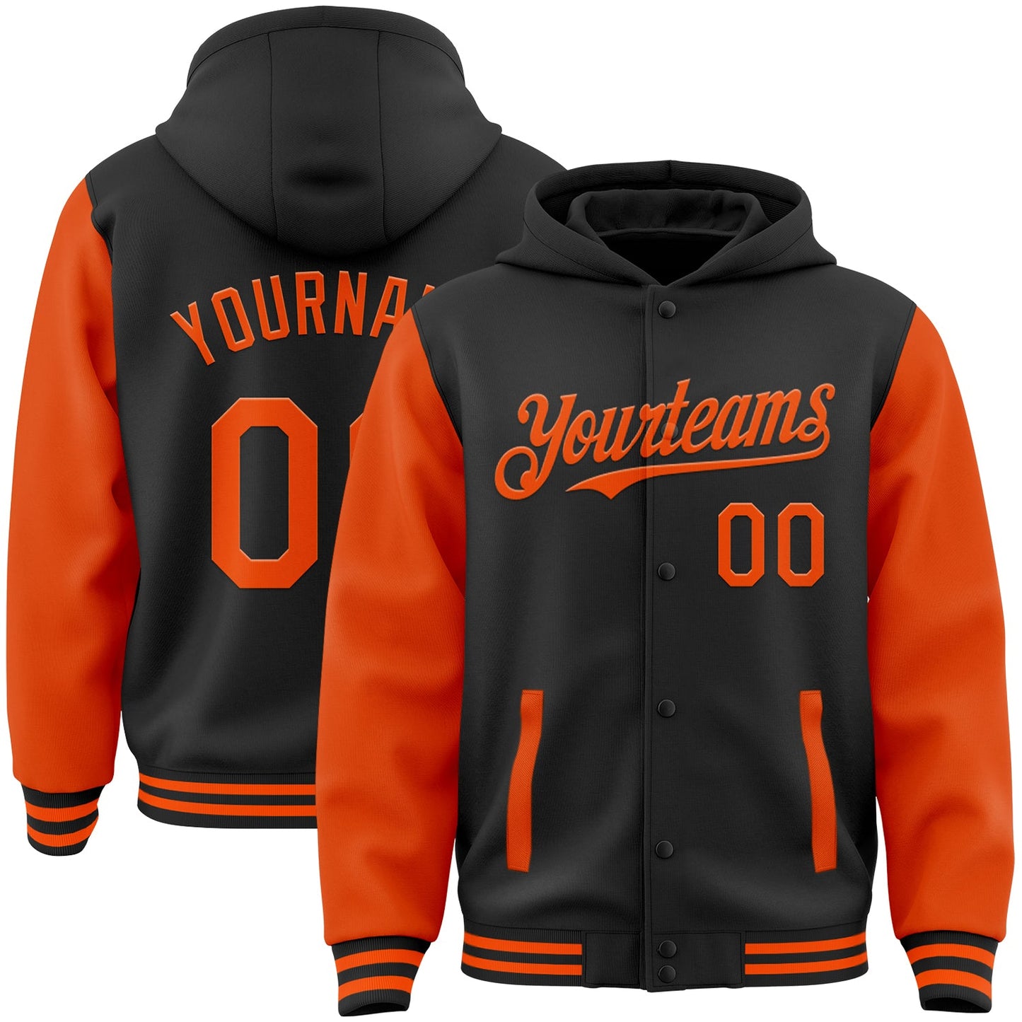 Custom Black Orange Bomber Full-Snap Varsity Letterman Two Tone Hoodie Jacket - Main View