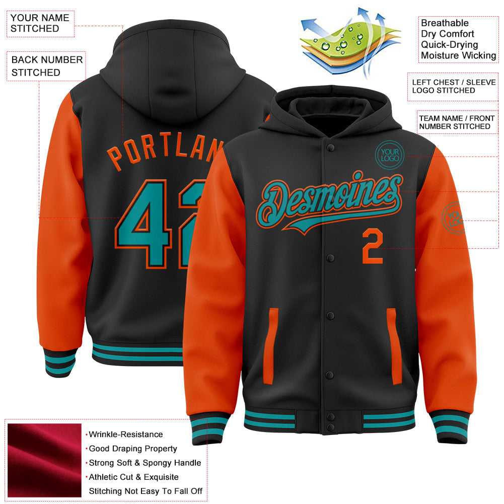 Custom Black Teal-Orange Bomber Full-Snap Varsity Letterman Two Tone Hoodie Jacket view 3