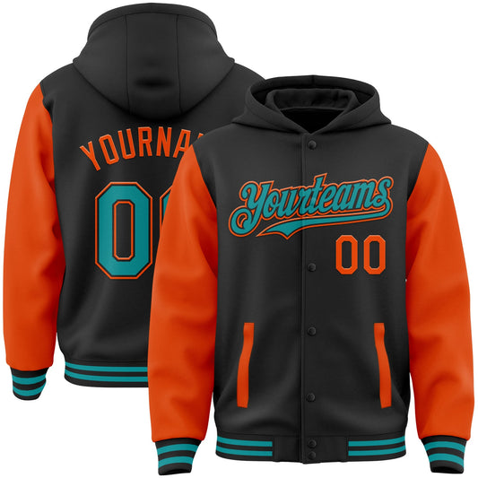Custom Black Teal-Orange Bomber Full-Snap Varsity Letterman Two Tone Hoodie Jacket - Main View