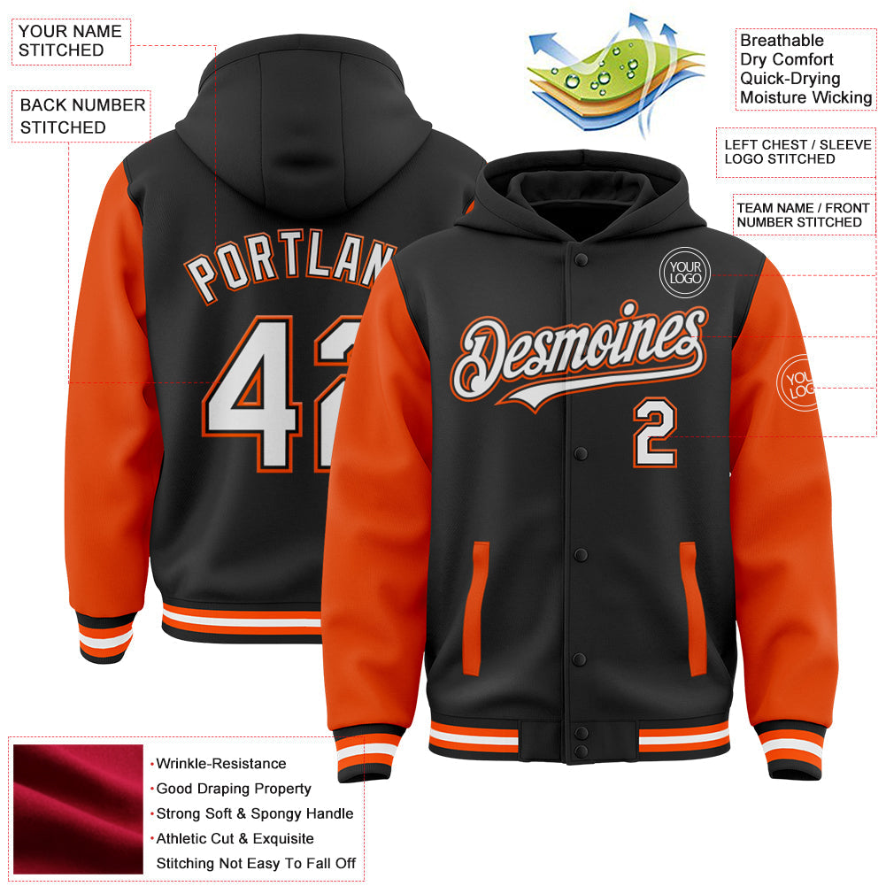 Custom Black White-Orange Bomber Full-Snap Varsity Letterman Two Tone Hoodie Jacket view 3