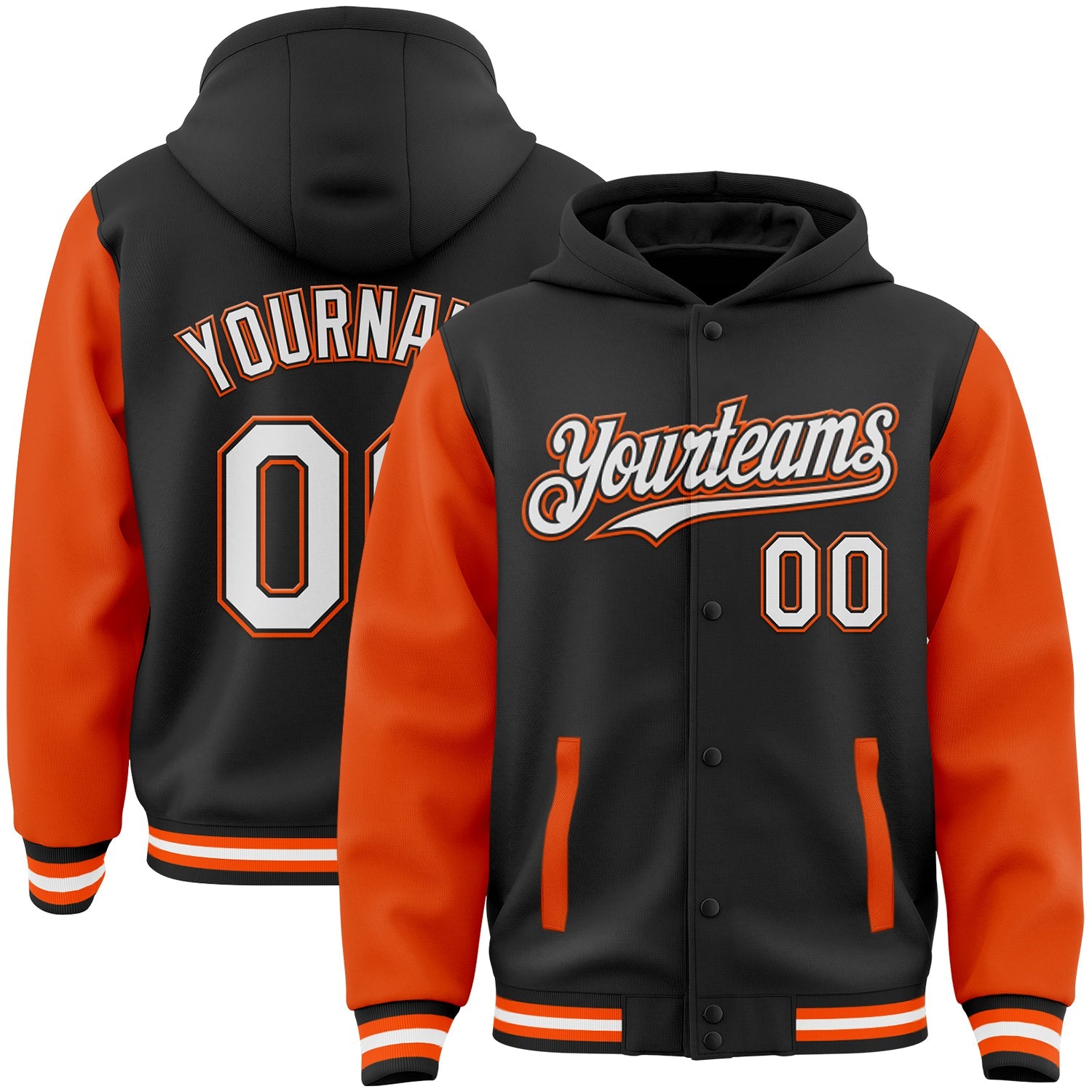 Custom Black White-Orange Bomber Full-Snap Varsity Letterman Two Tone Hoodie Jacket - Main View