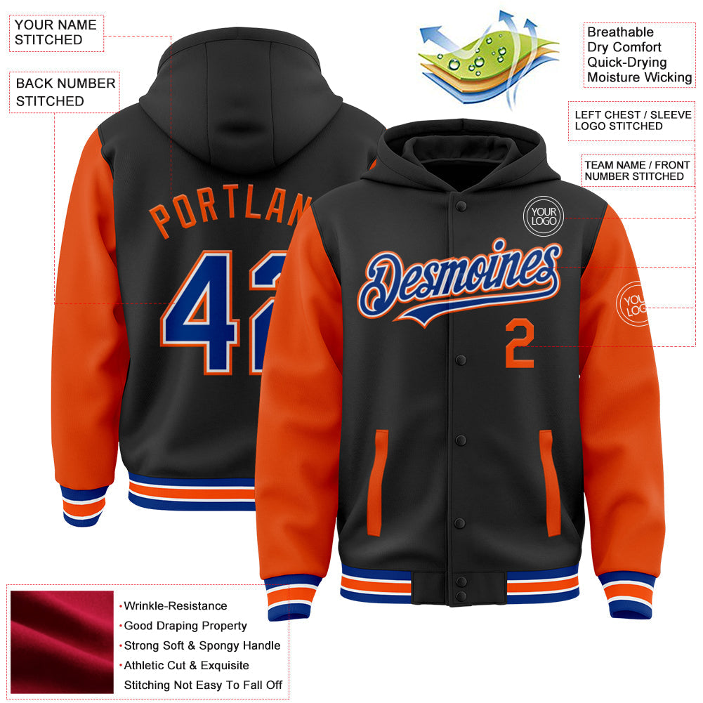 Custom Black Royal-Orange Bomber Full-Snap Varsity Letterman Two Tone Hoodie Jacket view 3