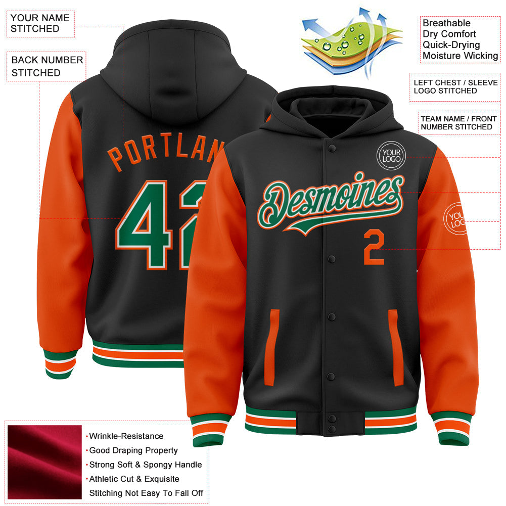 Custom Black Kelly Green-Orange Bomber Full-Snap Varsity Letterman Two Tone Hoodie Jacket view 3
