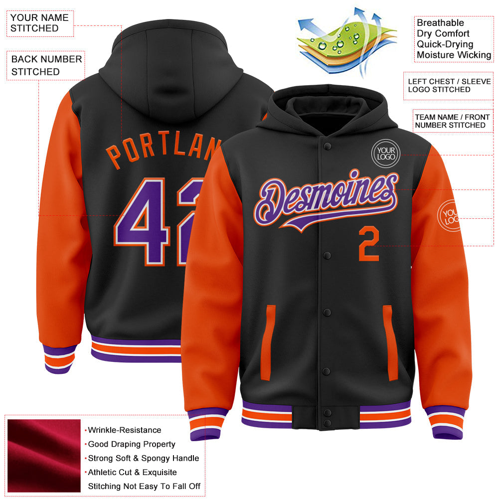 Custom Black Purple-Orange Bomber Full-Snap Varsity Letterman Two Tone Hoodie Jacket view 3