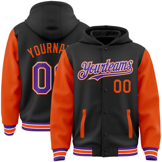 Custom Black Purple-Orange Bomber Full-Snap Varsity Letterman Two Tone Hoodie Jacket - Main View