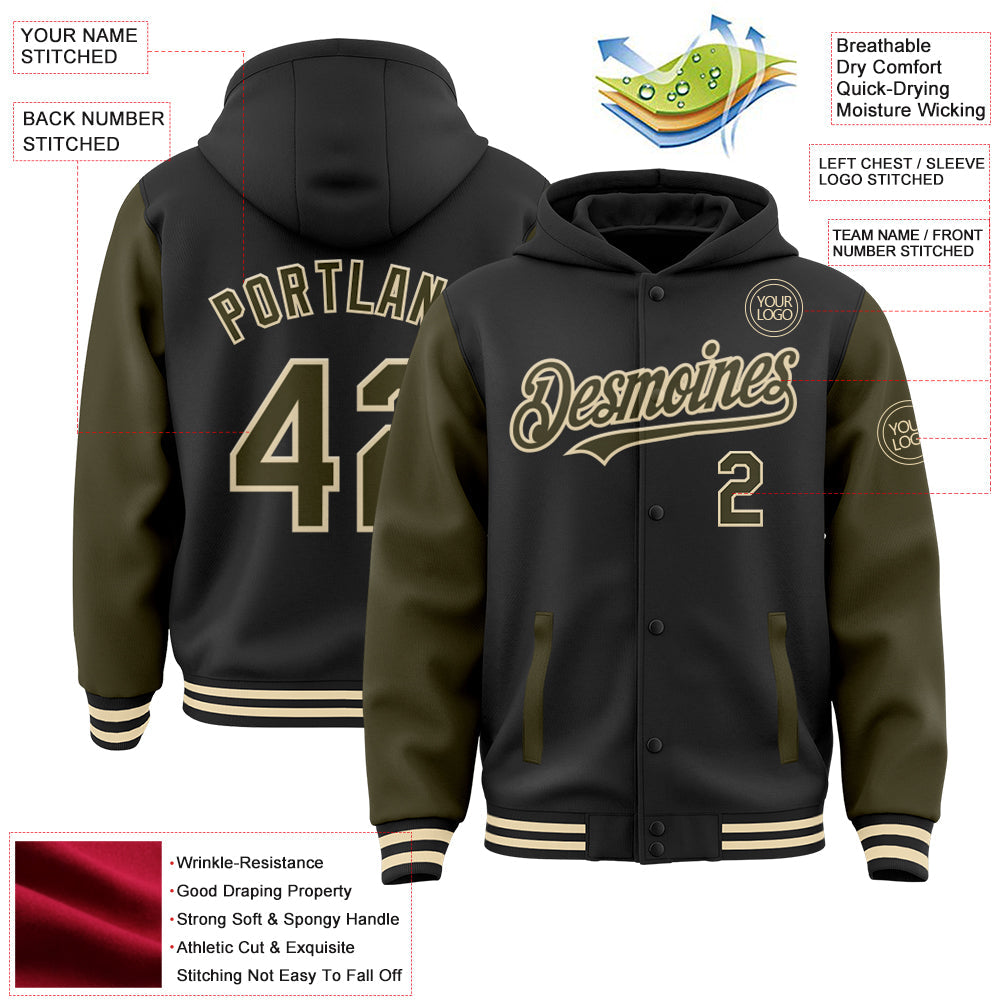 Custom Black Olive-Cream Bomber Full-Snap Varsity Letterman Two Tone Hoodie Jacket view 3
